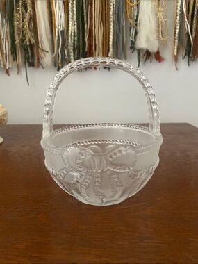 Frosted Glass Bow Basket with Handle studio crystal  bowl - heavy